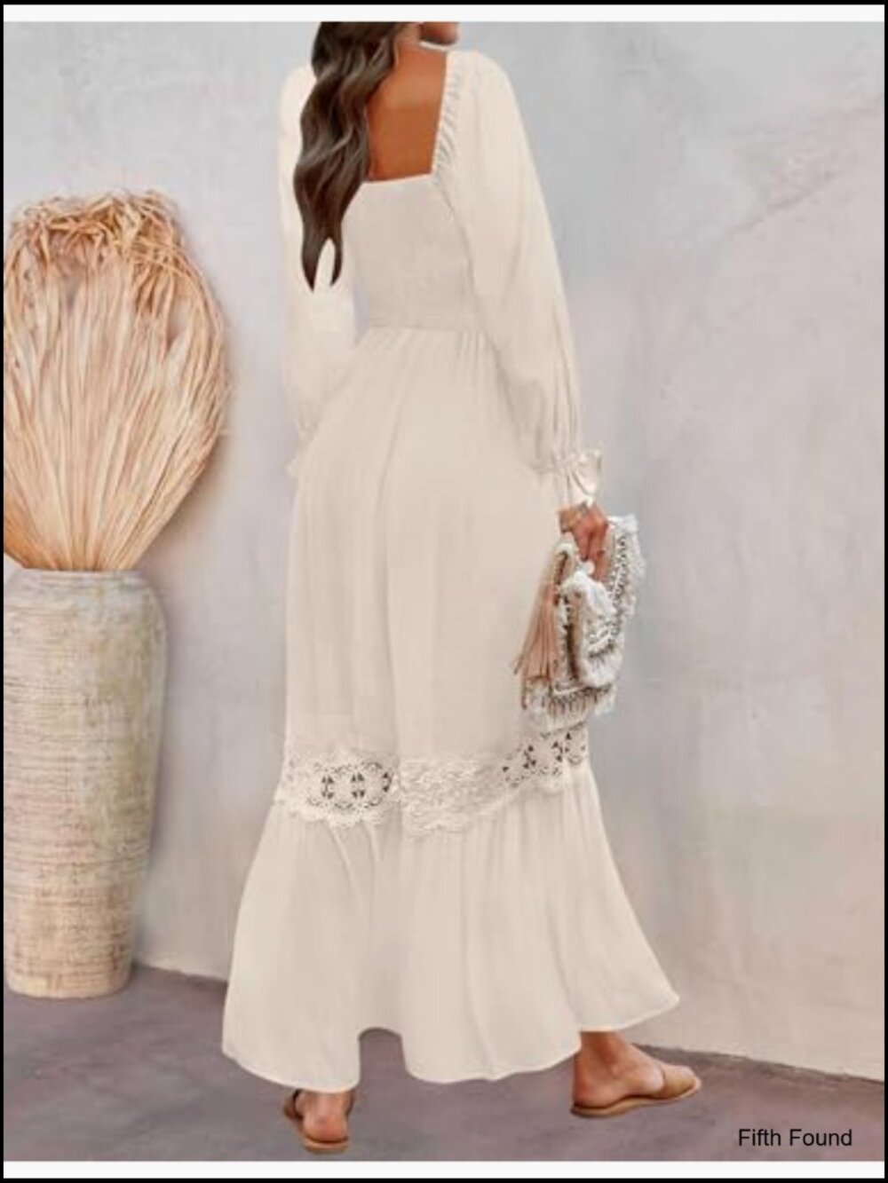 Boho Square Neck Smocked High Waist Maxi Dress Long Sleeve Lace Trim - Picture 4 of 7